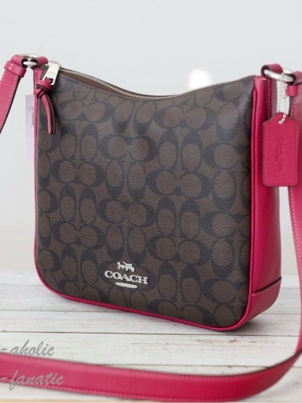 NWT Coach C1649 Ellie File Bag In Signature Canvas Brown/Bright Violet